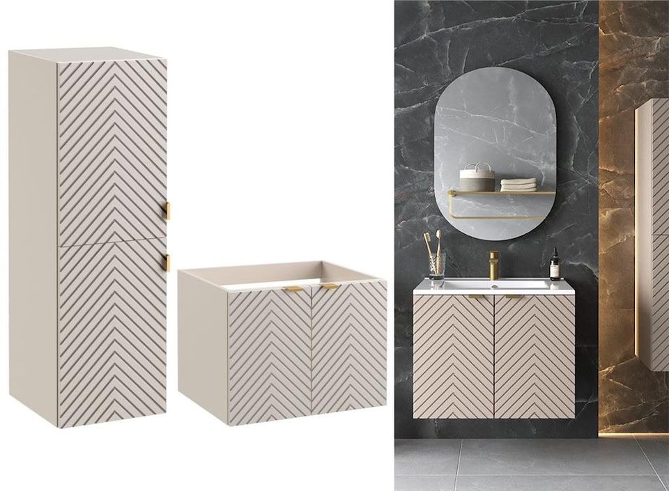 image 1 of Bathroom Furniture Set  600mm Wall Hung Vanity Unit with Tallboy Storage Cabinet Ribbed Fluted Herringbone Beige Cara