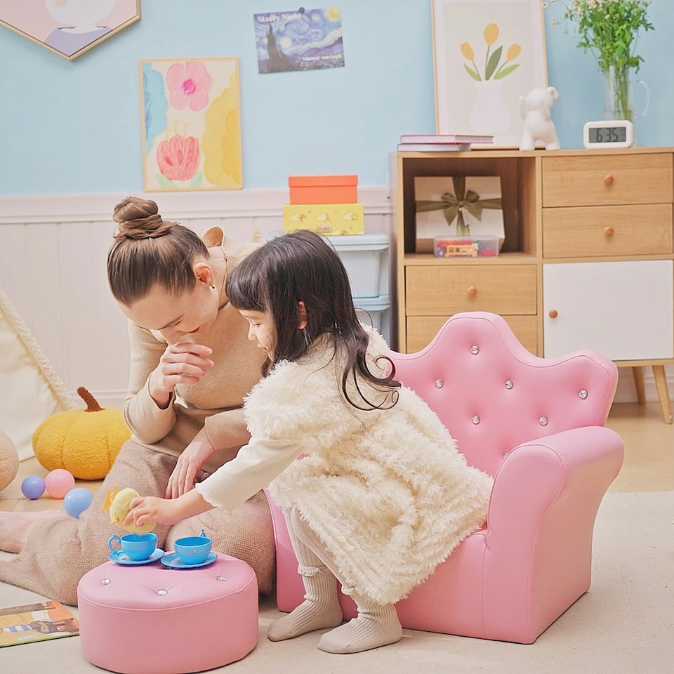 image 1 of HOMCOM Kids Sofa Set, 2PCs Crown-Themed Child Armchair with Ottoman, Pink | Pink | Chair