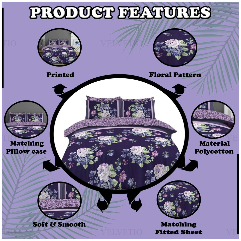 image 1 of VELVETIO Hayley Complete Duvet Cover Set with Fitted Sheet Printed Bedding Quilt Blue | King