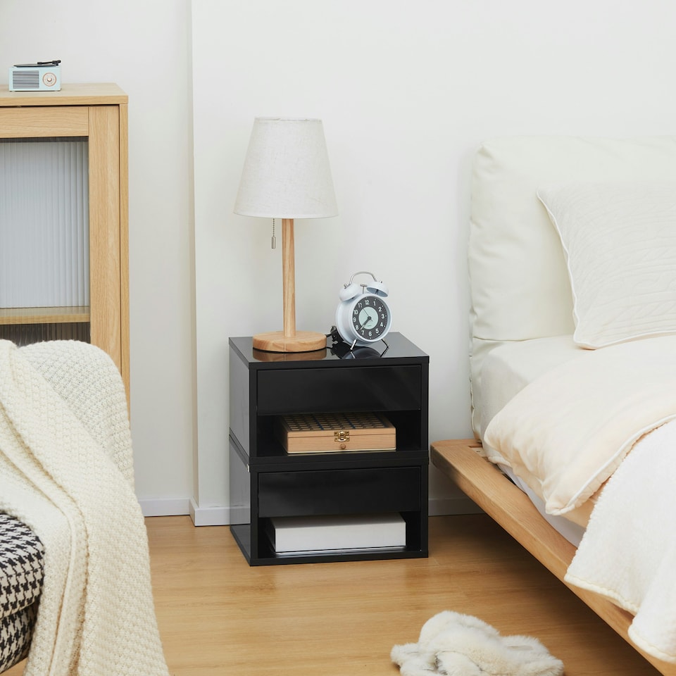 image 1 of HOMCOM Floating Bedside Table Set of 2 Wall Mounted Nightstand W/ Drawer Black