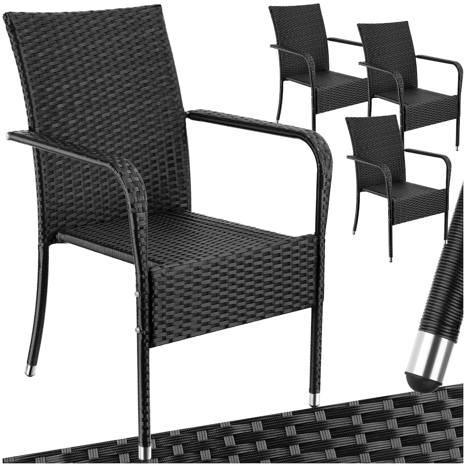 image 1 of Garden Chair Girona - polyrattan & steel, weather & sun resistant, stackable - Set of 4 Black
