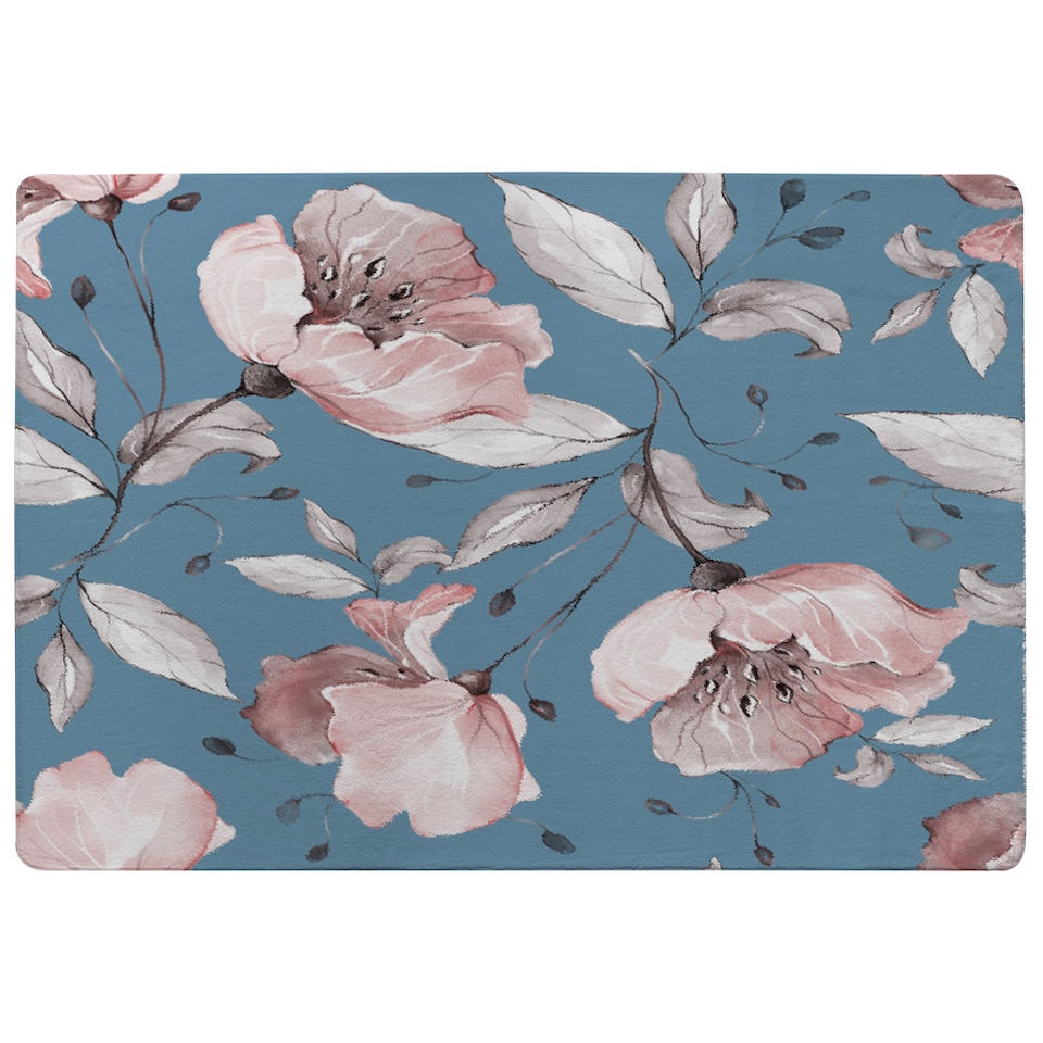 image 1 of Pink Flowers On Blue Rug | Multi