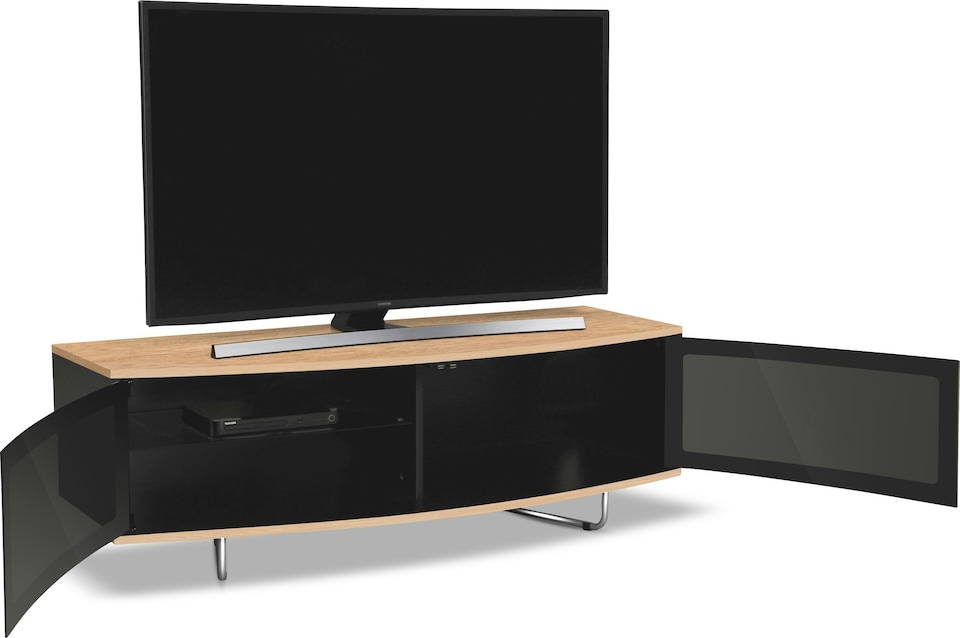 image 1 of Centurion Supports Caru Gloss Black and Oak Beam-Thru Remote Friendly Super-Contemporary "D" Shape Design 32"-65" LED/OLED/LCD TV Cabinet | Black | Oak | 1