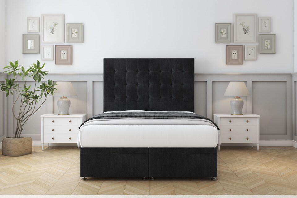 image 1 of Sloomy Alabama Black Naples Ottoman Bed Base With 54" Floor Standing Headboard 6' Super King | Black | Black | Super King | 1