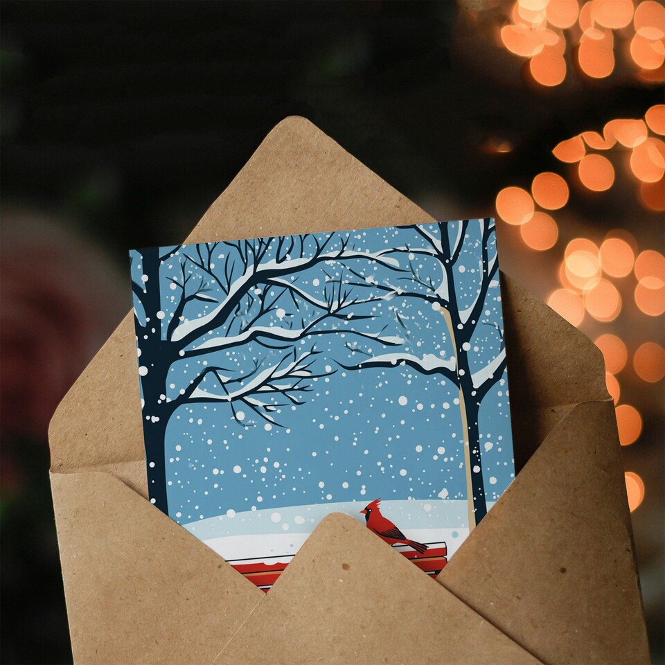 image 1 of Red Cardinal Park Bench Snow Winter Scene Blank For Him Or Her Art Xmas Festive Christmas Card