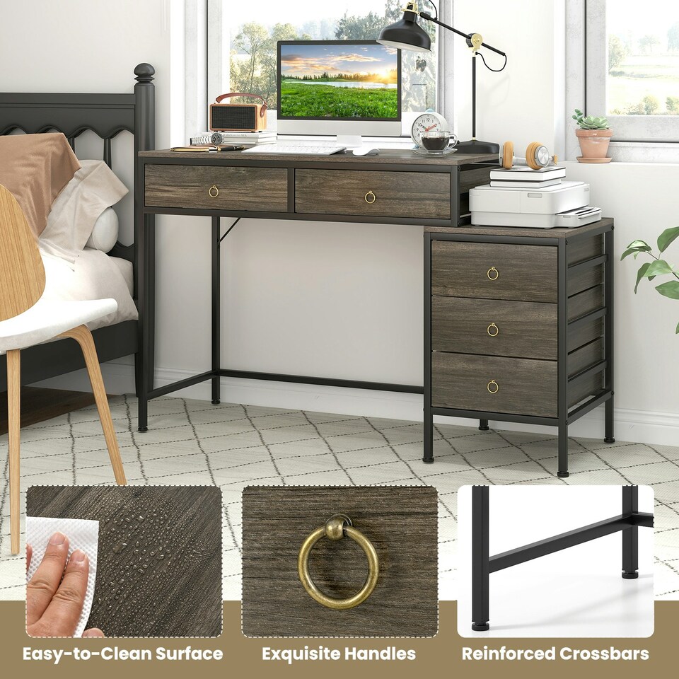 image 1 of COSTWAY Computer Desk with 5 Drawers and Side File Cabinet Grey Grey