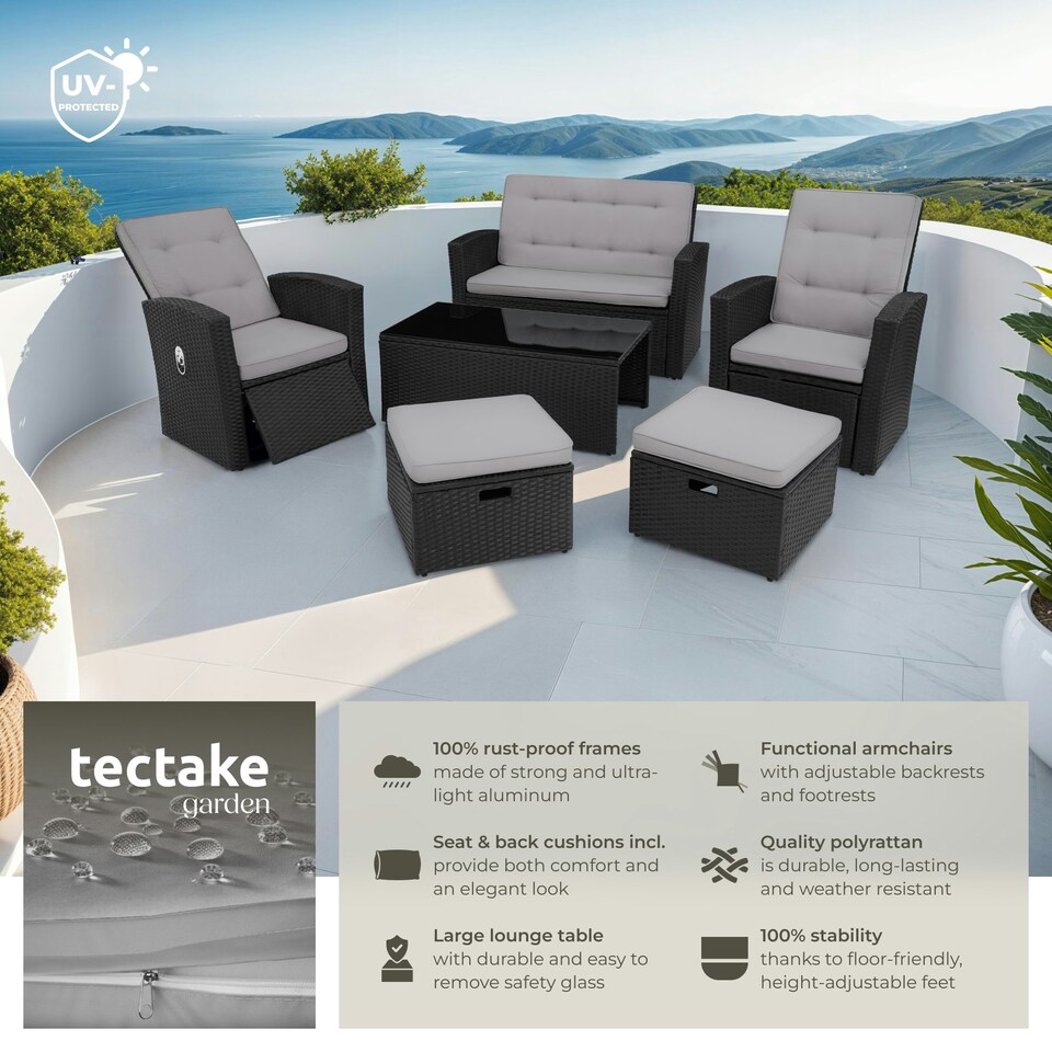 image 1 of Garden Furniture Set Bari - outdoor sofa, 2 reclining armchairs, 2 footstools, table - Black