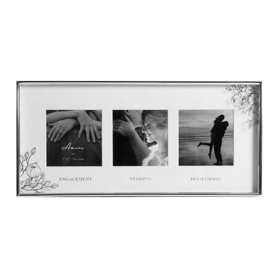 Amore Silver Foill Floral Couple Wedding Triple Photo Frame | Silver | One Size