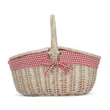White Wash Finish Oval Wicker Basket with Lining Red | Red And White Checked | One Size