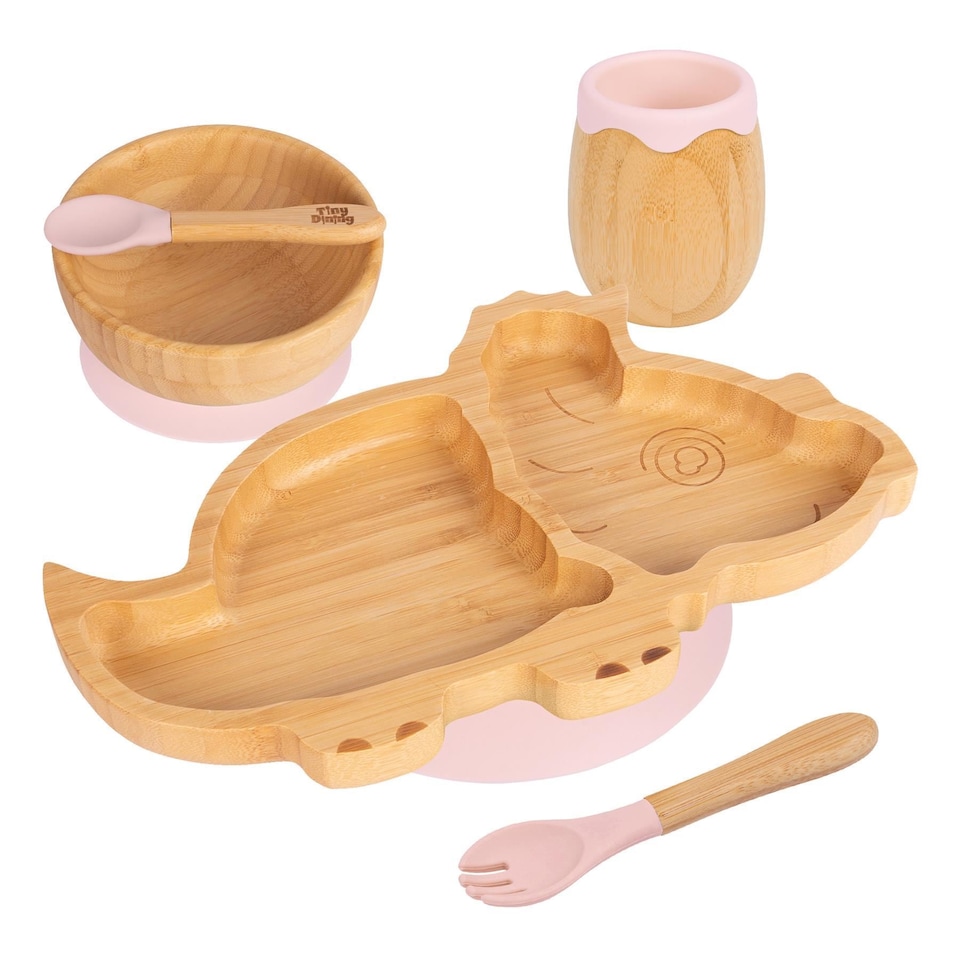 image 1 of Tiny Dining 5pc Bamboo Dinosaur Baby Weaning Set - Pastel Pink