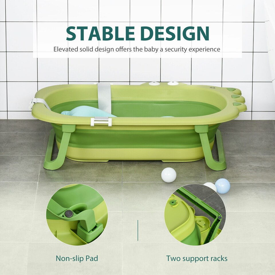 image 1 of HOMCOM Baby Bath Tub for Toddler Foldable w/ Baby Cushion for 0-3 Years Green