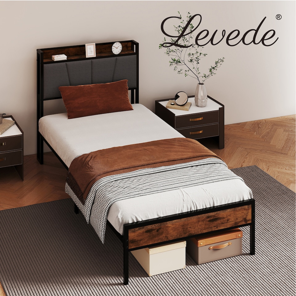 image 1 of Levede Heavy Duty Single Bed Frame Metal Platform with Storage Headboard 3FT | Brown | Single | Single