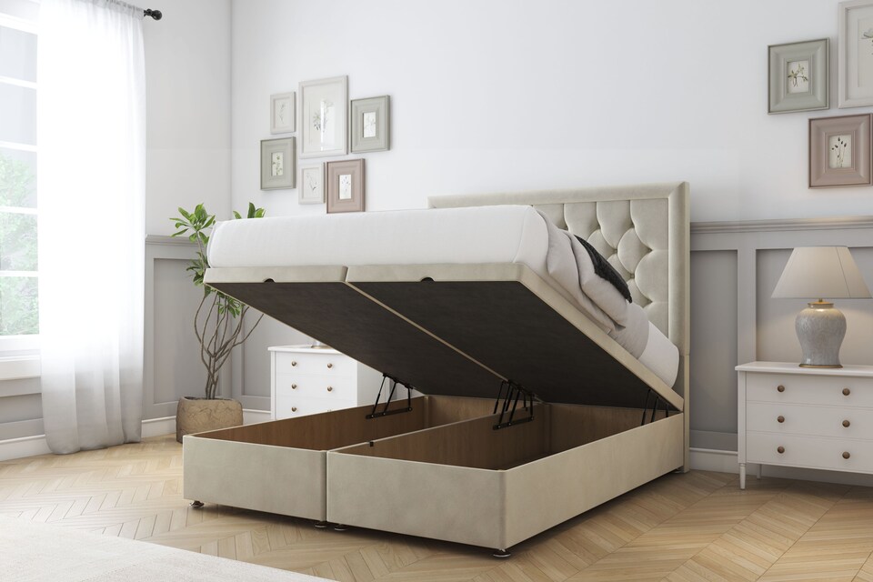 image 1 of Sloomy Montana Cream Plush Ottoman Bed Base With 54" Floor Standing Headboard 4'6 Double | Cream | Cream | Double | 1