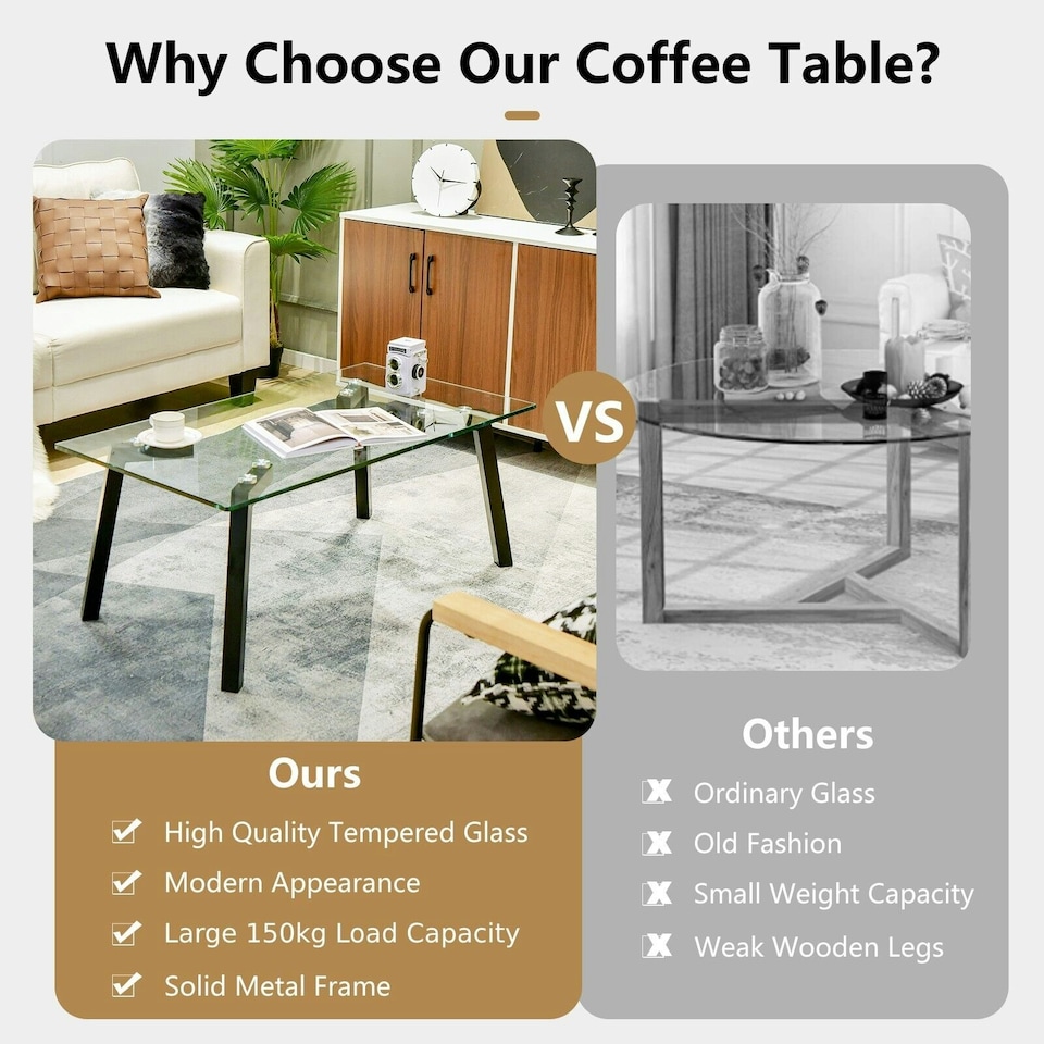 image 1 of COSTWAY Tempered Glass Coffee Table Rectangular Cocktail Table Black