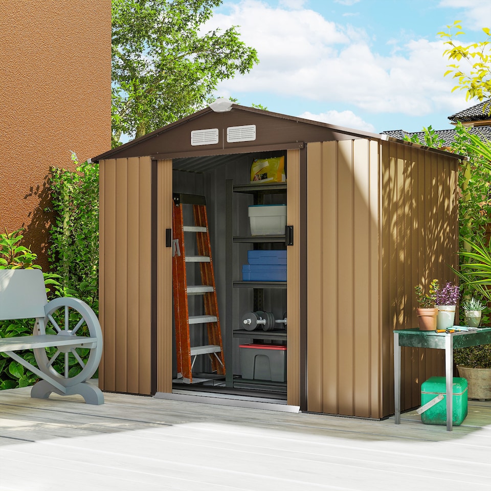 image 1 of Outsunny 7 x 4ft Metal Garden Shed, Outdoor Storage Tool House with Ventilation Slots, Foundation Kit and Lockable Double Doors, Yellow