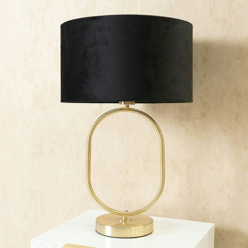 image 1 of ValueLights Antonia Black Velvet Drum Lamp Shade Brushed Gold Oval Table Lamp Gold