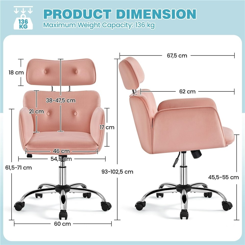 image 1 of Yaheetech Rolling Swivel Computer Chair with Adjustable Headrest Pink Pink