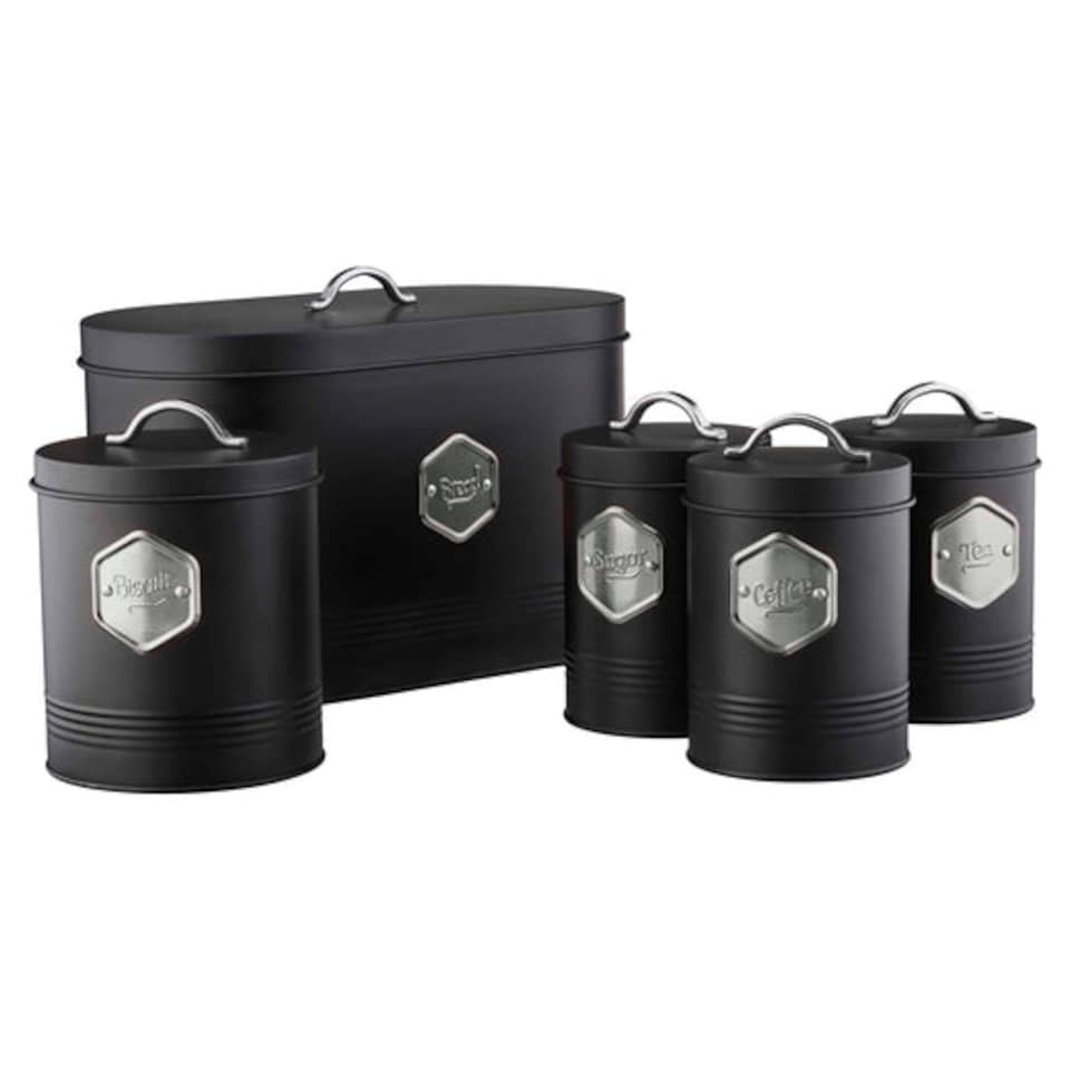 image 1 of Cooks Professional 5 Piece Kitchen Storage Set – Tea, Coffee, Sugar, Bread & Biscuit Tins | Black | Black & Silver | 5