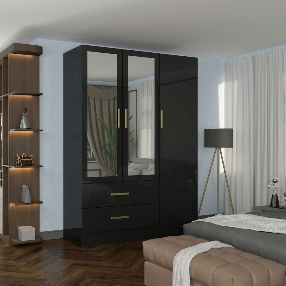image 1 of Modern 3-Door High Gloss Wardrobe with Dual Mirrors, Gold Accent Handles, Drawers & Shelves-116cm Wide Black | Black116cm