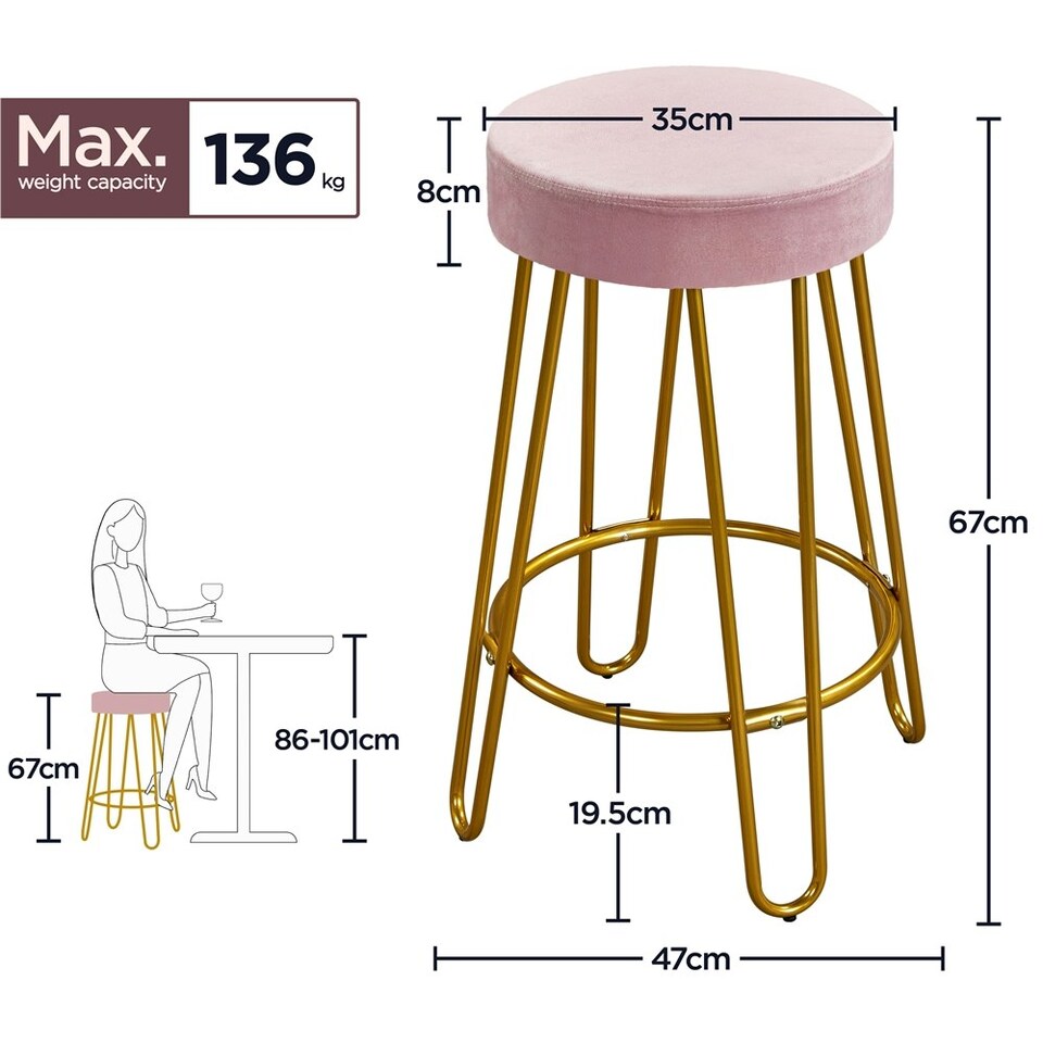 image 1 of Yaheetech 67 cm Tall Upholstered Velvet Counter Stools Pink