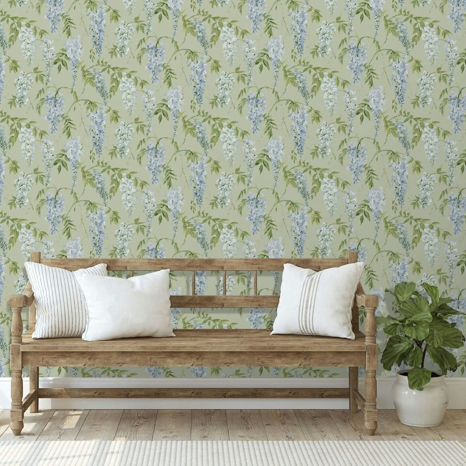 image 1 of World of Wallpaper Wisteria Wallpaper - Sage Green/Blue - 10m x 0.5m Green