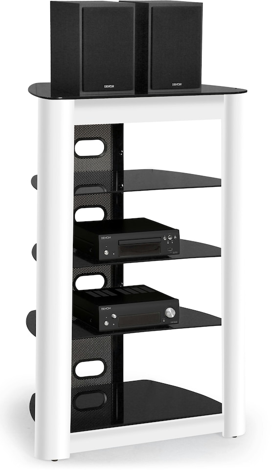 image 1 of Centurion Supports ZINNIA 5-Tier Black Glass Shelves with Gloss White Fascia Entertainment Media Audio Rack | White | Black | 1