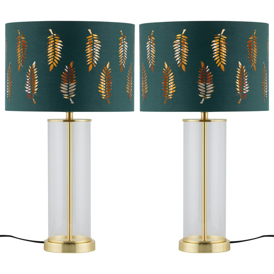 image 1 of Set of 2 Aura - Satin Brass Lamps with Green Fern Cut Out Shades Bronze | Green