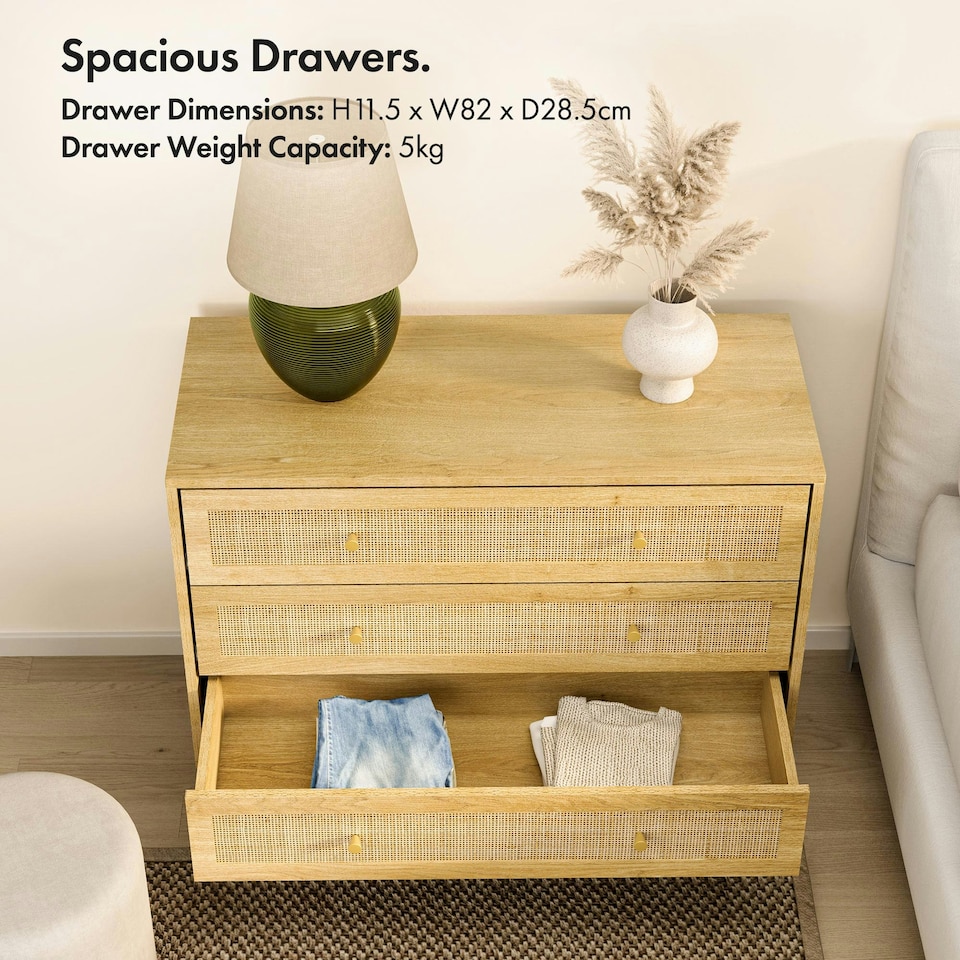 image 1 of VonHaus Rattan Chest of 3 Drawers Brown