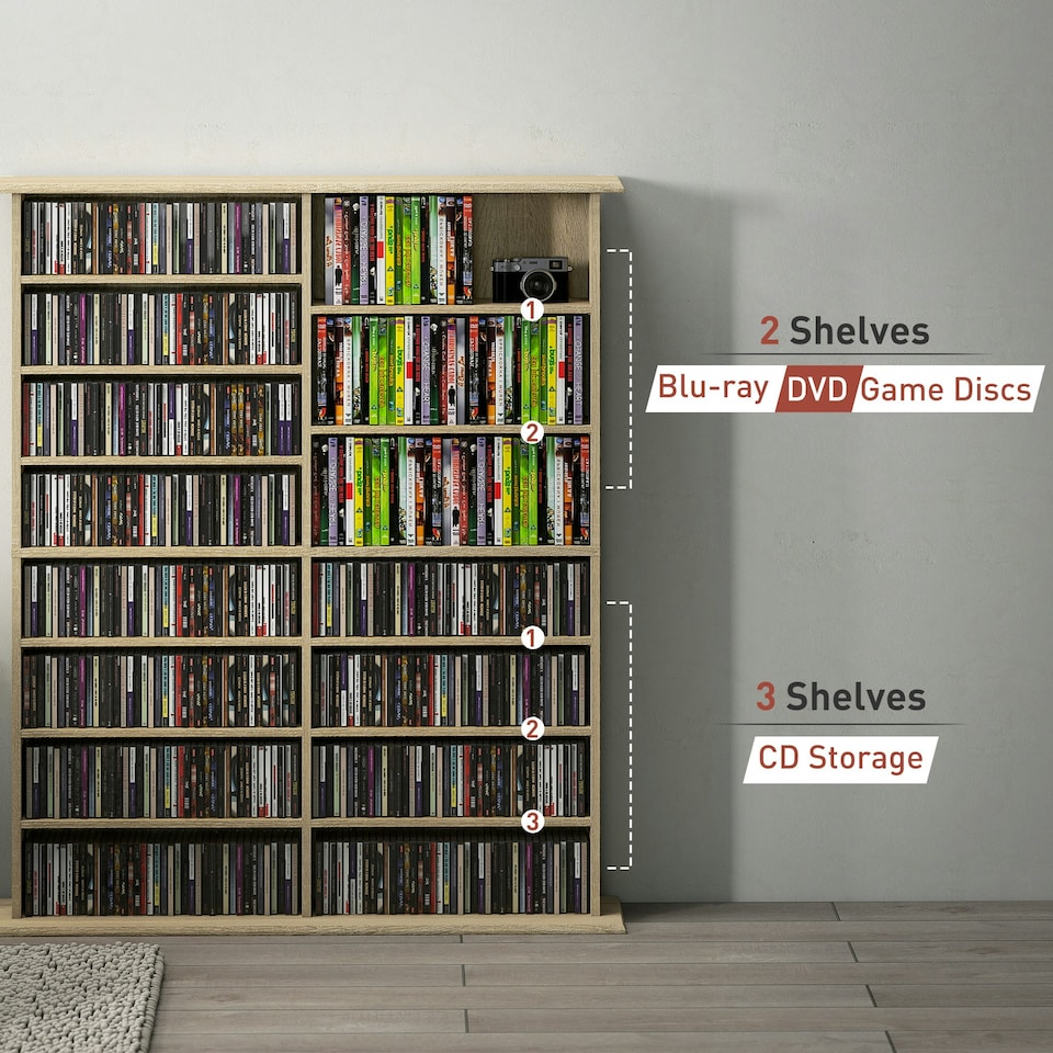 image 1 of HOMCOM CD Storage Unit DVD Tower Blu-ray Storage Shelf for Office, Natural | Brown | 106.5W x 24D x 126.3H cm