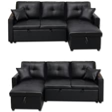 Milano 3 Seater L Shape Pullout Sofa Bed with Deep Storage Compartment & Reversible Chaise Black