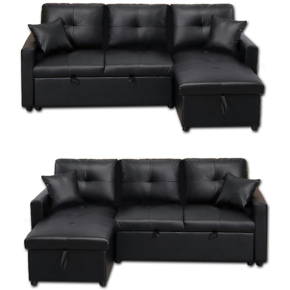 image 1 of Milano 3 Seater L Shape Pullout Sofa Bed with Deep Storage Compartment & Reversible Chaise Black