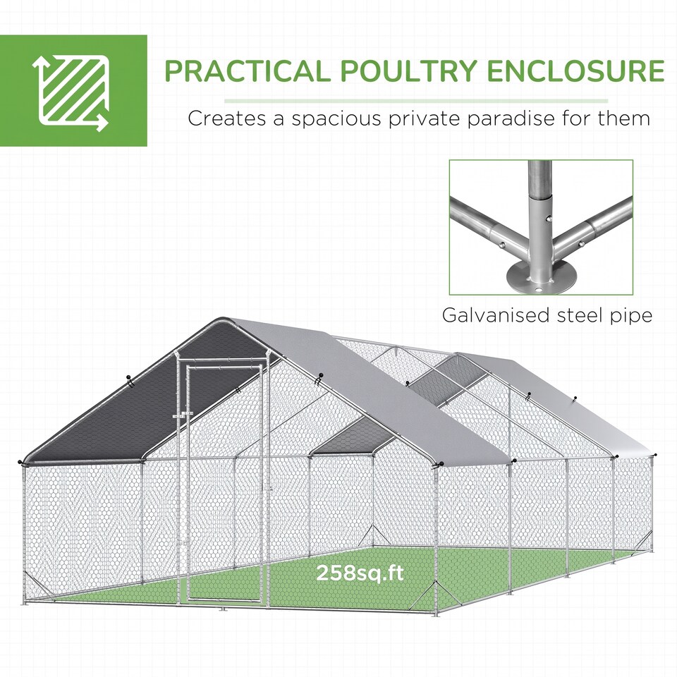 image 1 of PawHut Walk In Chicken Run Large galvanised Chicken Coop w/ Cover 3 x 8 x 2m | Silver | Silver