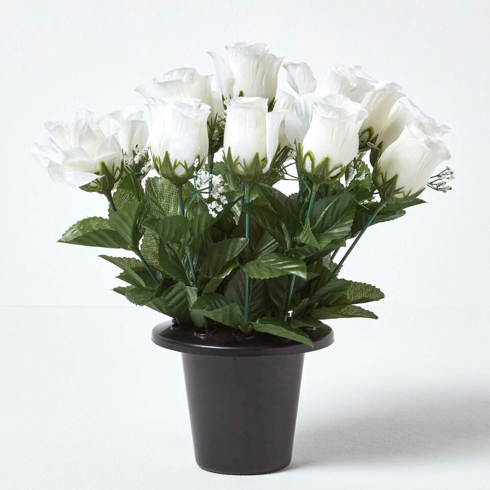 image 1 of Homescapes Set of 3 Red, Pink & White Rose and Gypsophila Artificial Flowers in Grave Vases