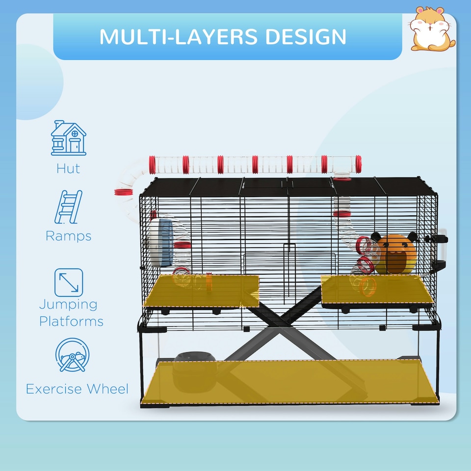 image 1 of PawHut Hamster Cage w/ Tunnels, Tubes, Ramps, Platforms, Hut, 78.5 x 48.5 x 57cm