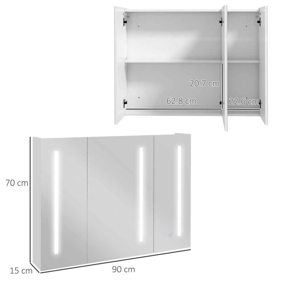 image 1 of kleankin LED Lighted Bathroom Mirror Cabinet, Wall Mounted Bathroom Storage Cupboard with USB Charge, Adjustable Shelf, 90W x 15D x 70Hcm, High Gloss White