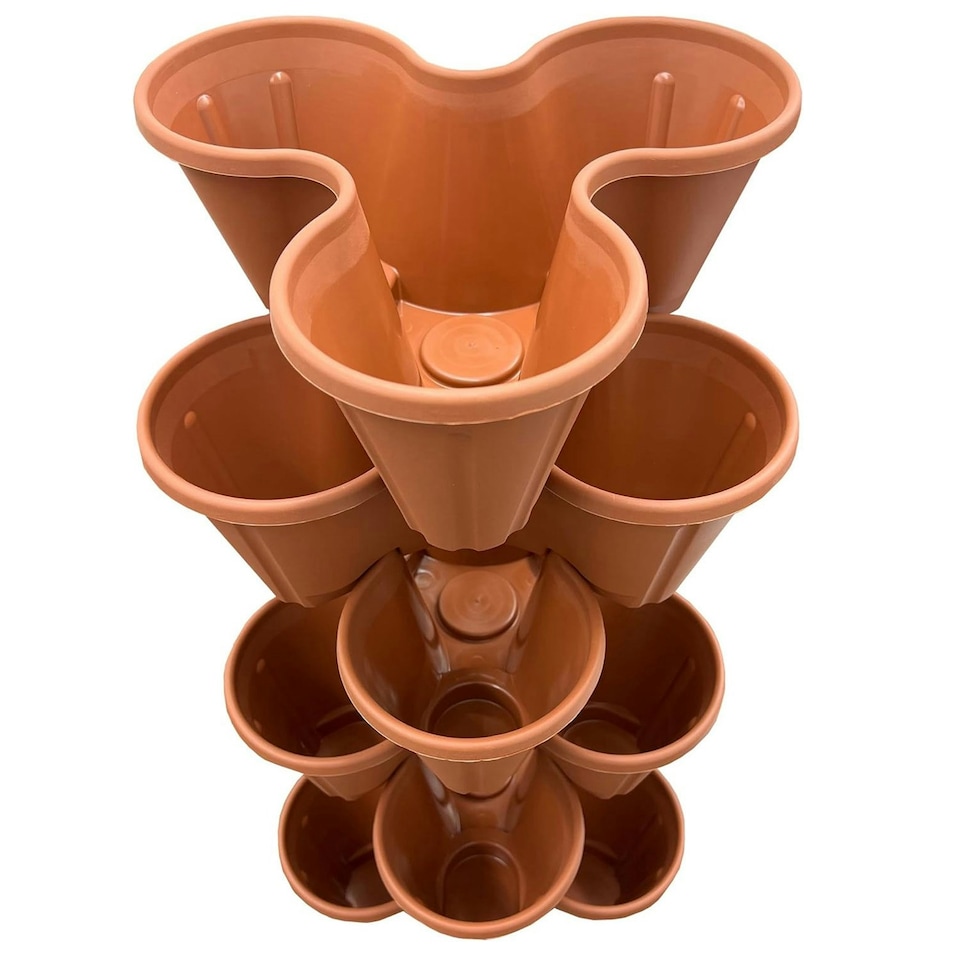 image 1 of Set Of 3 Terracotta (Trio 3 Pot) Stackable Interconnecting Outdoor Strawberry Garden Plant Pots Perfect For Patios Brown
