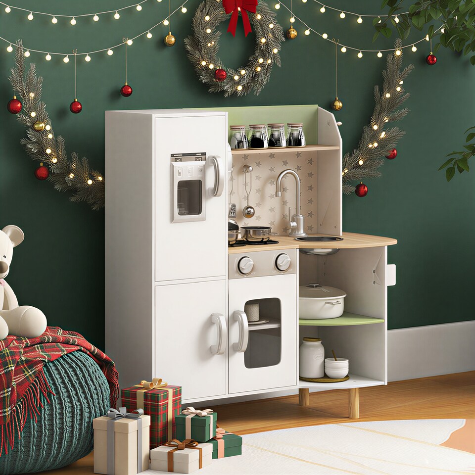 image 1 of AIYAPLAY Toy Kitchen Playset, Kids Play Kitchen Role Playing Game with Phone, Ice Maker, Stove, Sink, Utensils, for Ages 3-6 Years - White