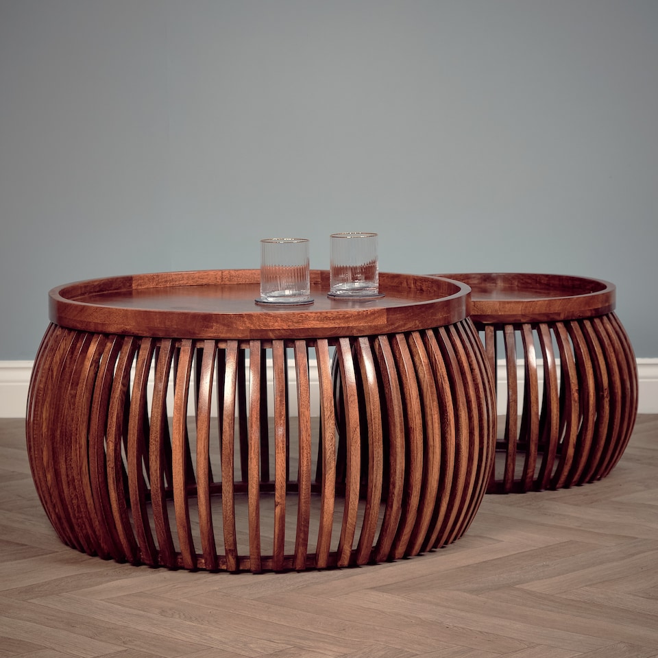 image 1 of Set of 2 Solid Mango Wood Round Coffee Tables – Medium Oak Finish Nesting Living Room Tables, Fully Assembled Rustic Modern Drum Style Side Tables, No Veneer Wooden Accent Furniture