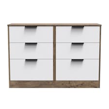 Denver 6 Drawer Wide Chest of Drawers in White Matt & Vintage Oak (Ready Assembled) | White | White Matt & Vintage Oak