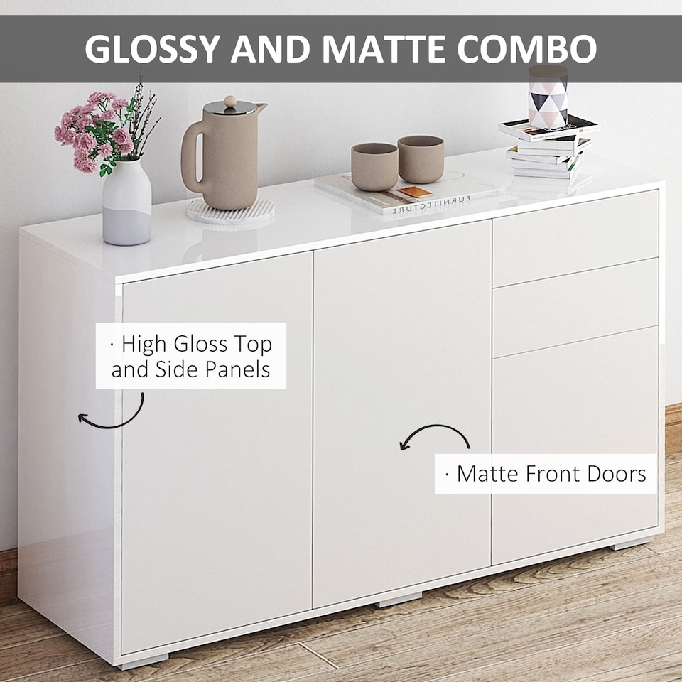 image 1 of HOMCOM High Gloss Frame Sideboard, Side Cabinet, Push-Open Design with 2 Drawer for Living Room, Bedroom, White | White | White