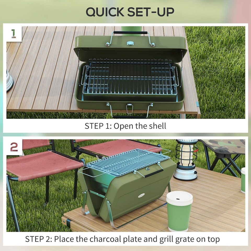 image 1 of Outsunny Portable BBQ Grill with Suitcase Design for Camping Picnic Party, Green