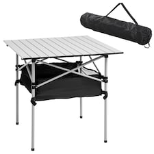 Outsunny 70cm Aluminum Roll Top Table w Mesh Bag Camping Outdoor Dining Foldable w Steel Frame Picnic Lightweight Hiking Furniture Desk, Silver