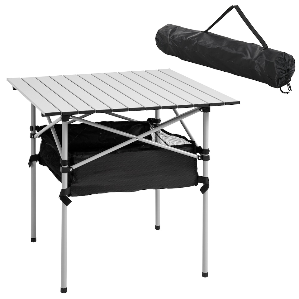 image 1 of Outsunny 70cm Aluminum Roll Top Table w Mesh Bag Camping Outdoor Dining Foldable w Steel Frame Picnic Lightweight Hiking Furniture Desk, Silver