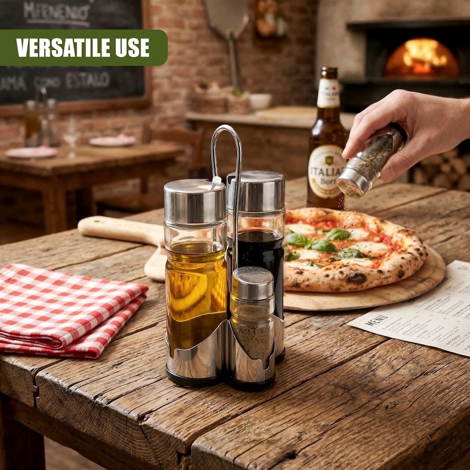 image 1 of GEEZY 4 Piece Glass Cruet Set and Condiment Dispenser With Stand 20.5cm