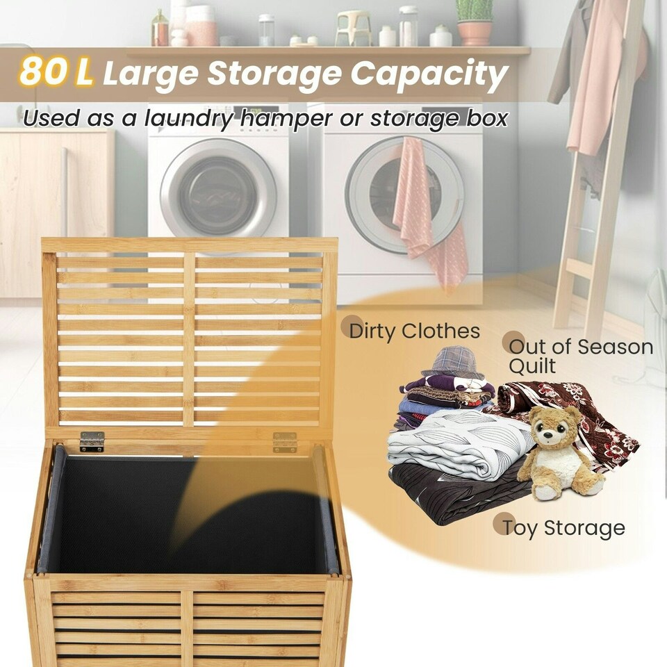 image 1 of COSTWAY 80 L Bamboo Laundry Hamper Clothes Laundry Basket Brown