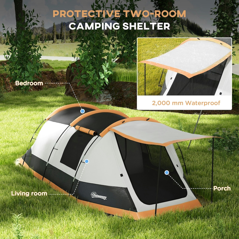 image 1 of Outsunny Tunnel Tent with Bedroom, Living Room and Porch for 3-4 Man, Green
