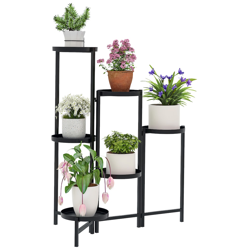 image 1 of Outsunny 3 Tier Foldable Corner Plant Stand for Indoor Outdoor, Black | Black | Black