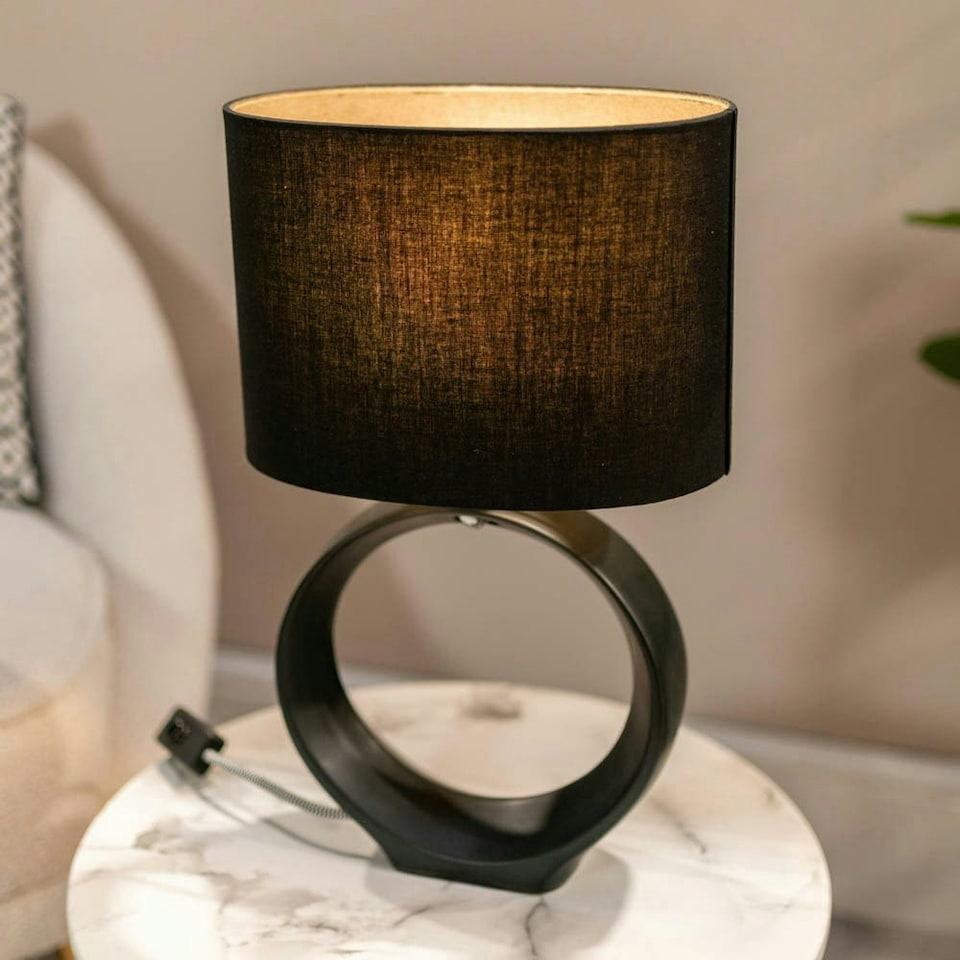 image 1 of ValueLights Tia Pair of Black Hoop Ceramic Bedside Table Lamps with a Fabric Lampshade - Bulbs Included