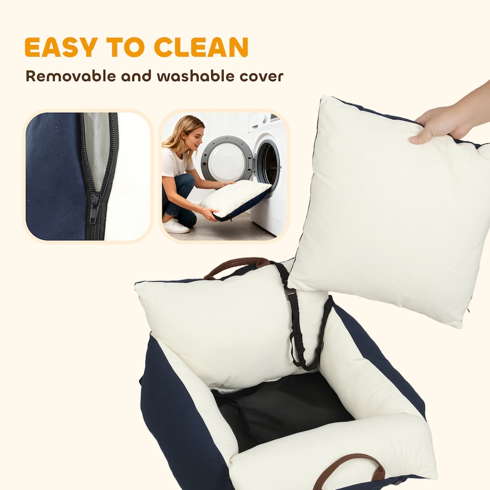 image 1 of PawHut Dog Car Seat, Cosy Pet Car Booster Seat for Small Dog Under 5 KG, Portable Travel Bed with Safety Tether, Detachable and Washable, Navy Blue