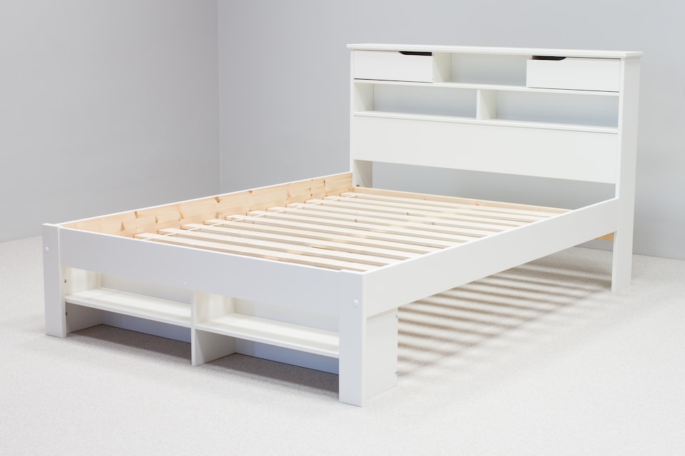 image 1 of 4ft6 Double Pure white,wood,wooden low foot end, bed frame.Shaker style with shelves.